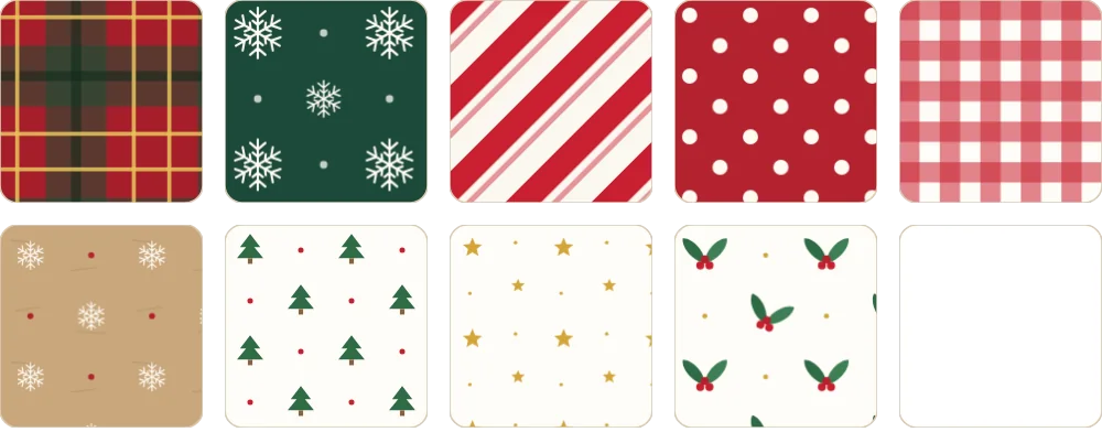 Dez amostras de estampa: xadrez escocês, flocos de neve, bengala doce, poá vermelho, vichy vermelho, kraft, pinheirinhos, estrelas douradas, azevinho e lisa